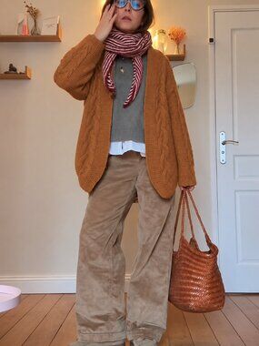 Rust Orange Cable Knit Open Front Cardigan Sweater M Women's